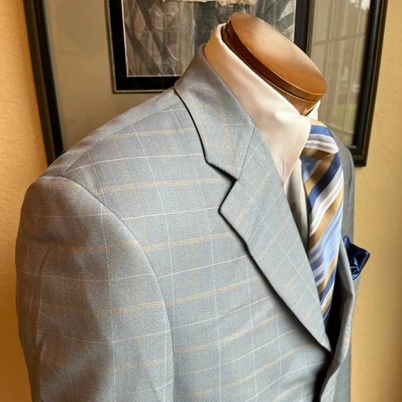 Marzotto Sartoriale Fine Italian Wool Light Blue Windowpane Jacket Size 40R